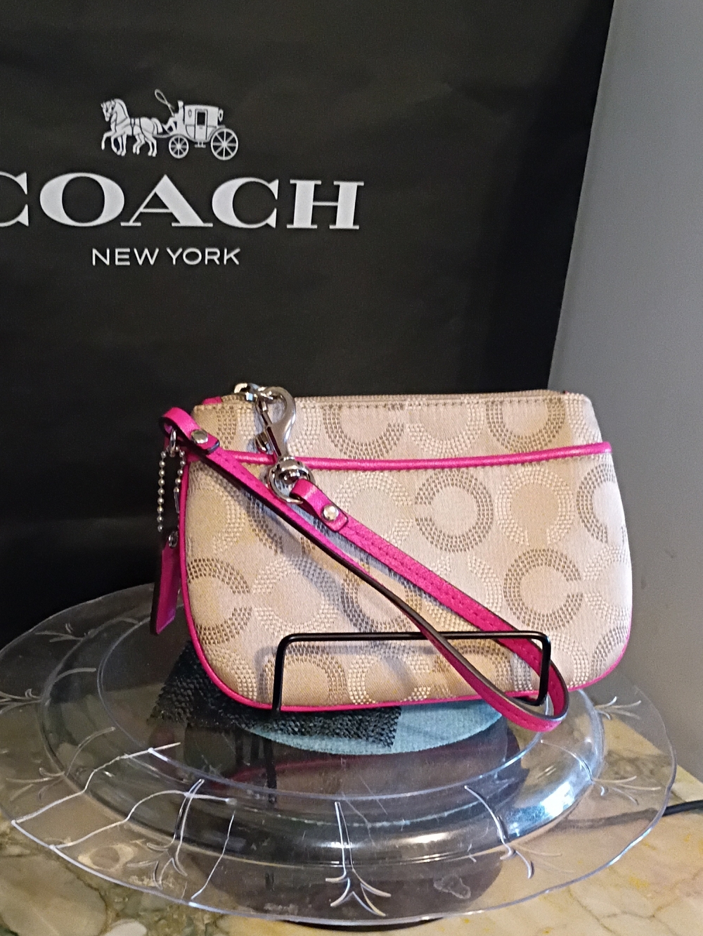 Coach Signature Canvas Wristlet in Beige with Pink Trim